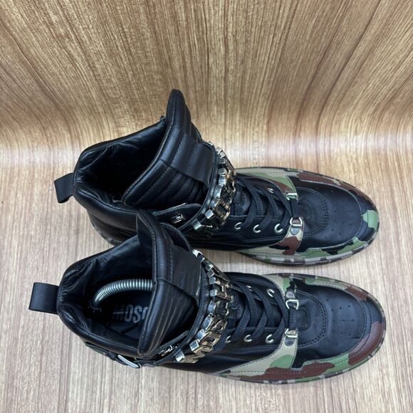 MOSCHINO LOGO LEATHER HIGH-TOP SNEAKERS BLACK CAMO BUCKLES MEN'S SIZE EU 42 US 9 - Picture 9 of 9